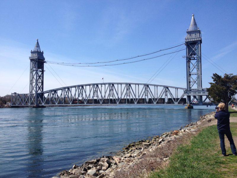 the lowered train bridge at the cape cod canal in bourne, massachusetts
