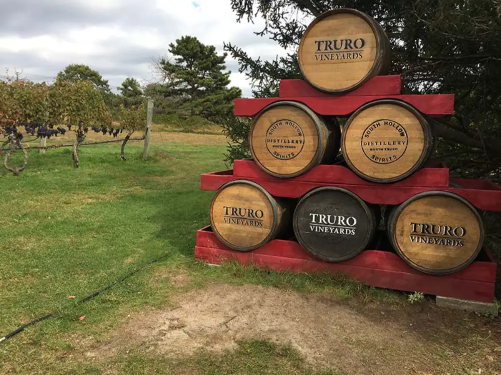 This image features a stack of wooden barrels labeled "Truro Vineyards" and "South Hollow Spirits," arranged in a pyramid shape on red supports. The setting includes a vineyard in the background, with grapevines stretching across a grassy field under a partly cloudy sky. The scene exudes a rustic charm, perfect for showcasing a vineyard or distillery experience.